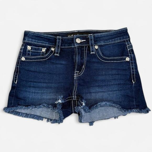 Stella In Dreams Y2K Blue Mid Rise Shorts w Rhinestone Angel Wing Cross Patches - Picture 2 of 7